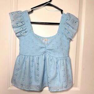 Blue Eyelet Smocked Babydoll Top Women's M Cottagecore Coquette Summer